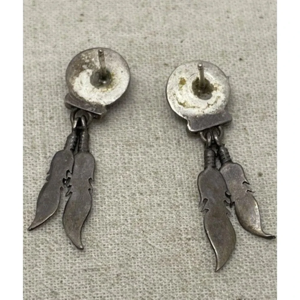 Vintage Sterling Silver 925 Double Feather Dangle Post Earrings Southwestern - Picture 2 of 4